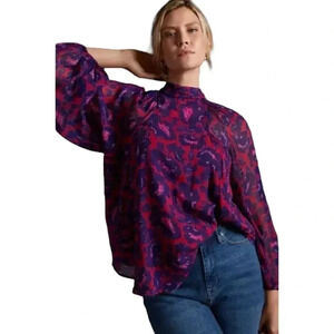 Maeve by Anthropologie Pink Purple Floral Sheer Sleeve Blouse XS